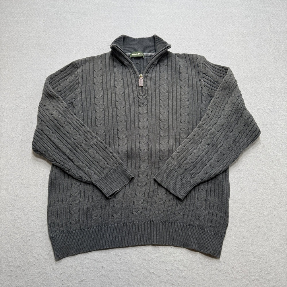 Eddie Bauer Sweater Men's Medium Gray Cable Knit Quarter Zip Cotton Pullover